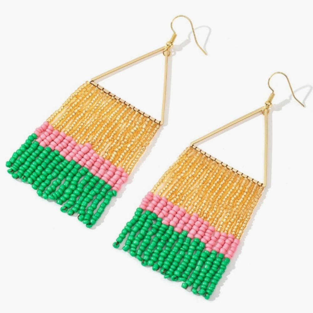 Long 4" Triangle Beaded Fringe Earrings Green Pink Gold Big Geometric Fringe New